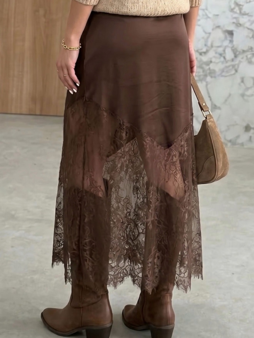 Brown Lace-Trim Midi Slip Skirt - Women - Picture 3 of 3